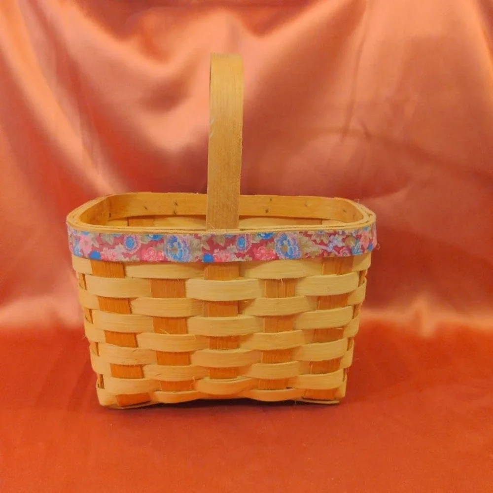 Vintage Woven Wood Splint Basket with Floral Fabric Trim and Fixed Handle